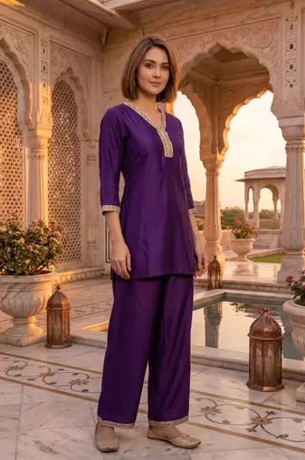 Purple vichitra silk embroidered 2 piece co-ord sets for women