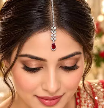 Silver Tone Maang Tikka, Red Teardrop Centerpiece 1