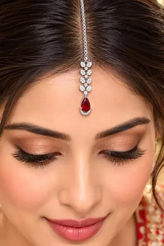 Silver Tone Maang Tikka, Red Teardrop Centerpiece