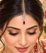 Silver Tone Maang Tikka, Red Teardrop Centerpiece
