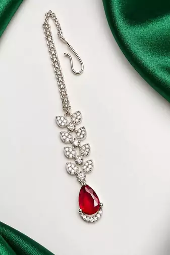 Silver Tone Maang Tikka, Red Teardrop Centerpiece