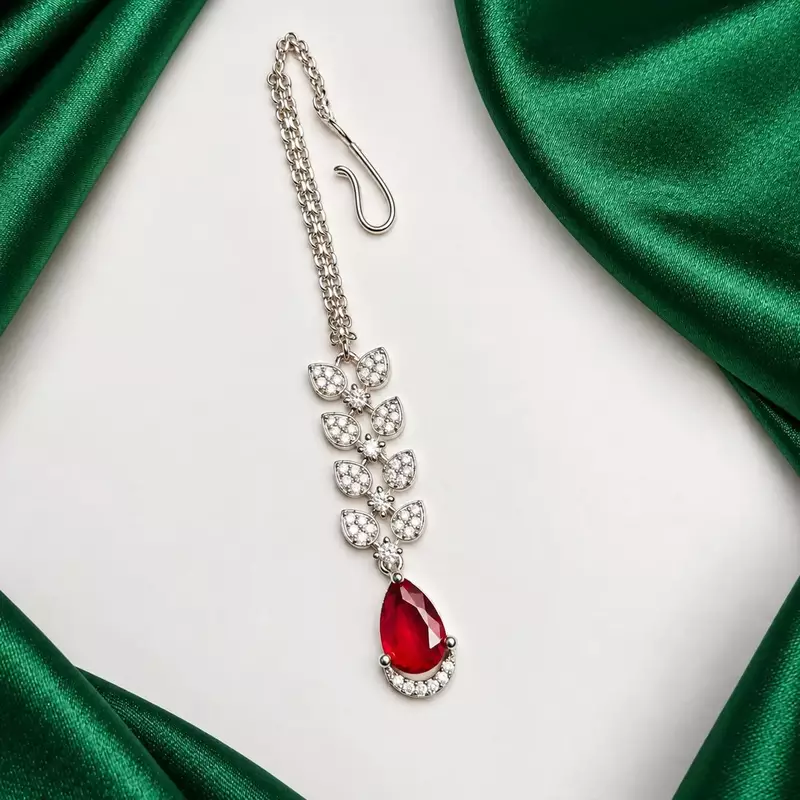 Silver Tone Maang Tikka, Red Teardrop Centerpiece