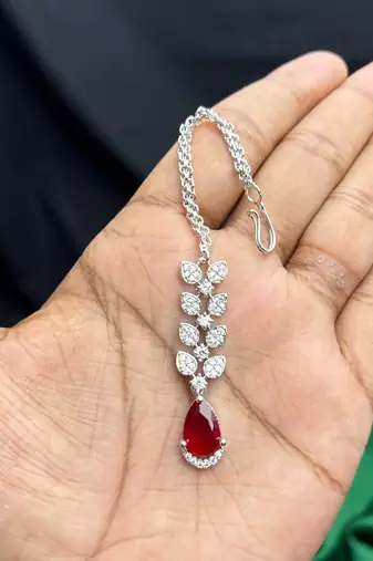 Silver Tone Maang Tikka, Red Teardrop Centerpiece