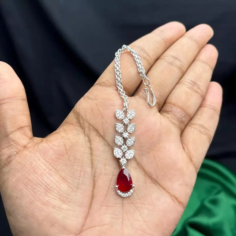 Silver Tone Maang Tikka, Red Teardrop Centerpiece