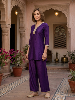 Purple vichitra silk embroidered 2 piece co-ord sets for women 4