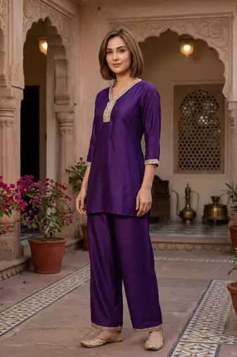 Purple vichitra silk embroidered 2 piece co-ord sets for women