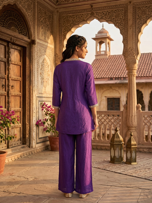Purple vichitra silk embroidered 2 piece co-ord sets for women 5
