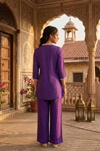 Purple vichitra silk embroidered 2 piece co-ord sets for women