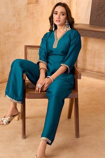 Teal vichitra silk embroidered 2 piece co-ord sets for women
