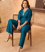 Teal vichitra silk embroidered 2 piece co-ord sets for women