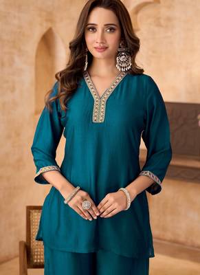 Teal vichitra silk embroidered 2 piece co-ord sets for women 2