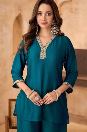 Teal vichitra silk embroidered 2 piece co-ord sets for women