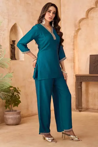 Teal vichitra silk embroidered 2 piece co-ord sets for women