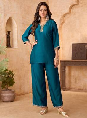 Teal vichitra silk embroidered 2 piece co-ord sets for women 4