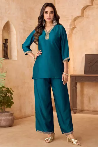 Teal vichitra silk embroidered 2 piece co-ord sets for women