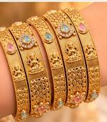 Multicolor copper bangles with bar stone & kundan     6 pcs