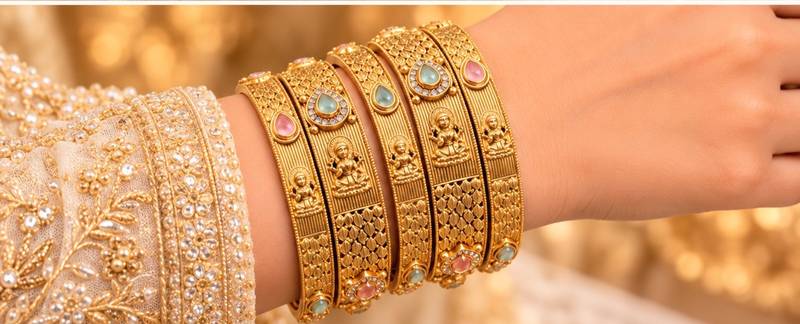Multicolor copper bangles with bar stone & kundan     6 pcs