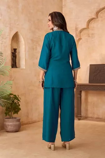 Teal vichitra silk embroidered 2 piece co-ord sets for women