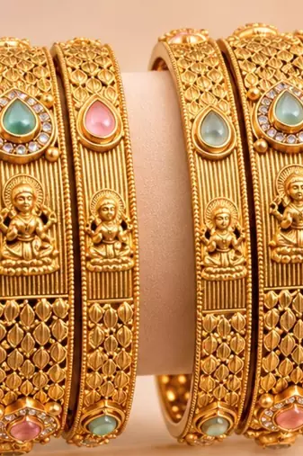Multicolor copper bangles with bar stone & kundan     6 pcs