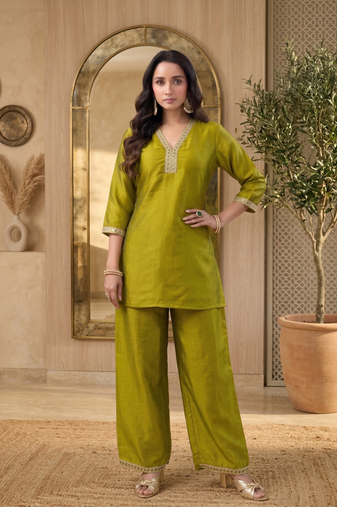 Green vichitra silk embroidered 2 piece co-ord sets for women