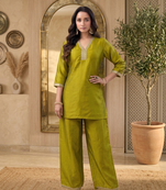 Green vichitra silk embroidered 2 piece co-ord sets for women