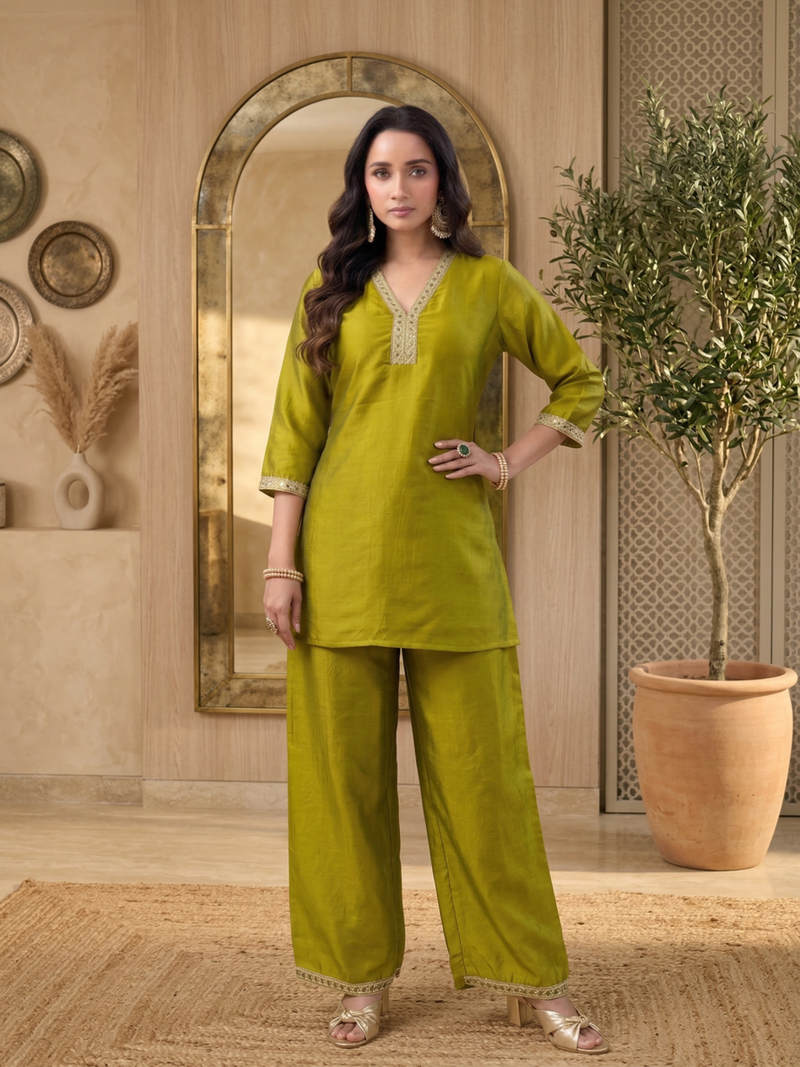 Green vichitra silk embroidered 2 piece co-ord sets for women