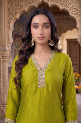 Green vichitra silk embroidered 2 piece co-ord sets for women 2
