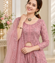 onion pink color thread,sequence and rivet moti work faux georgette top palazzo set