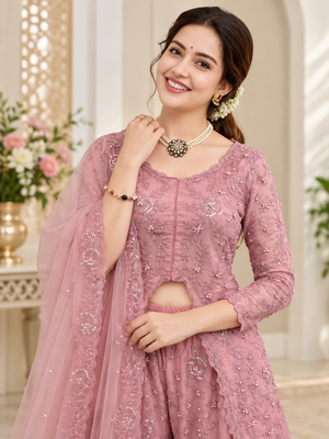 onion pink color thread,sequence and rivet moti work faux georgette top palazzo set 2