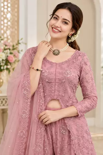onion pink color thread,sequence and rivet moti work faux georgette top palazzo set