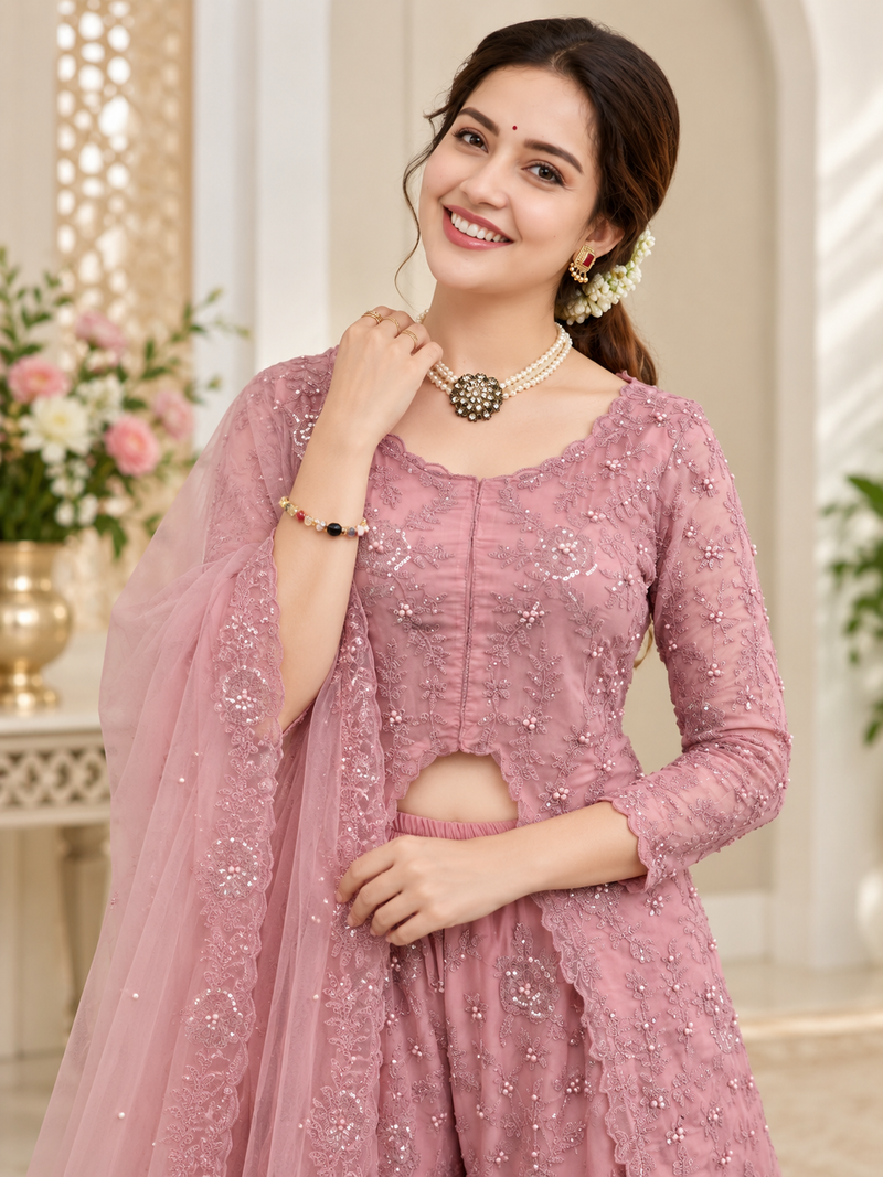 onion pink color thread,sequence and rivet moti work faux georgette top palazzo set