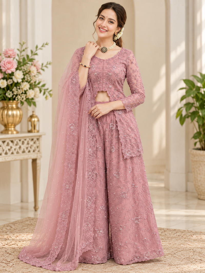 onion pink color thread,sequence and rivet moti work faux georgette top palazzo set