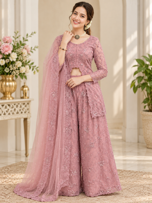 onion pink color thread,sequence and rivet moti work faux georgette top palazzo set 1