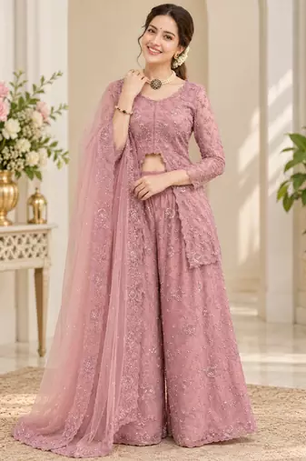 onion pink color thread,sequence and rivet moti work faux georgette top palazzo set