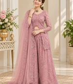 onion pink color thread,sequence and rivet moti work faux georgette top palazzo set
