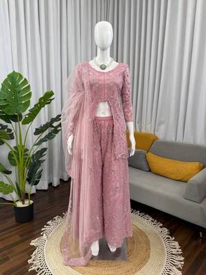 onion pink color thread,sequence and rivet moti work faux georgette top palazzo set 3