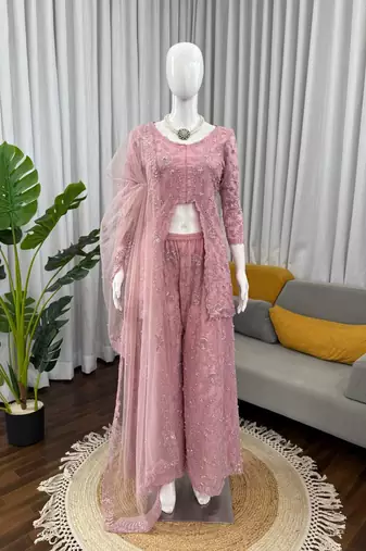 onion pink color thread,sequence and rivet moti work faux georgette top palazzo set