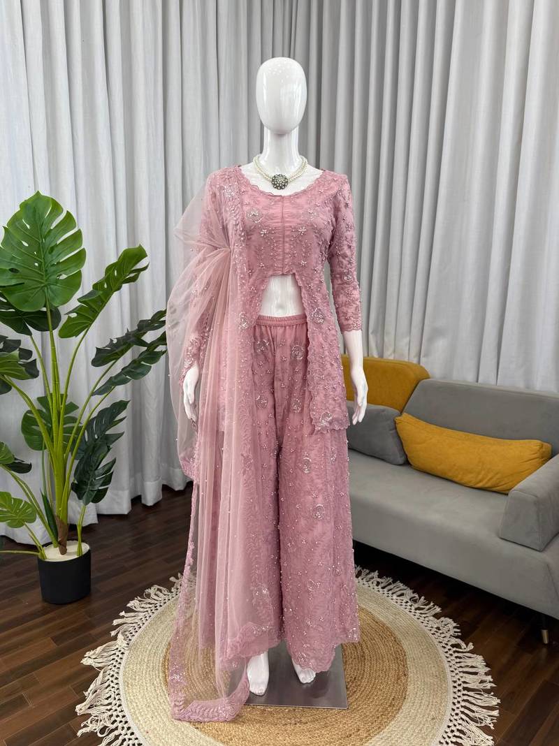 onion pink color thread,sequence and rivet moti work faux georgette top palazzo set