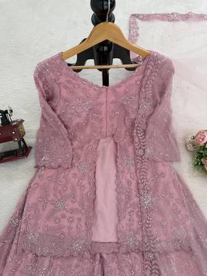 onion pink color thread,sequence and rivet moti work faux georgette top palazzo set 4