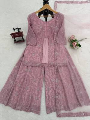 onion pink color thread,sequence and rivet moti work faux georgette top palazzo set 5