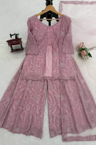 onion pink color thread,sequence and rivet moti work faux georgette top palazzo set