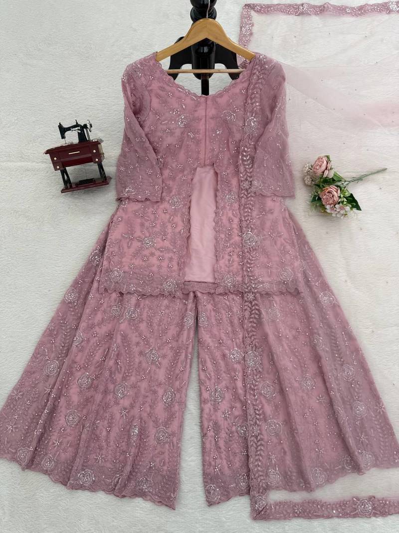 onion pink color thread,sequence and rivet moti work faux georgette top palazzo set