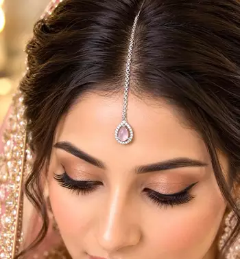 Pink Teardrop Maang Tikka, CZ Halo Bridal Forehead Jewelry 1
