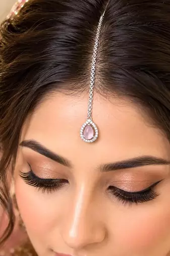 Pink Teardrop Maang Tikka, CZ Halo Bridal Forehead Jewelry