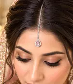 Pink Teardrop Maang Tikka, CZ Halo Bridal Forehead Jewelry
