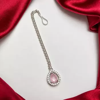Pink Teardrop Maang Tikka, CZ Halo Bridal Forehead Jewelry 2