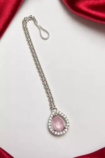 Pink Teardrop Maang Tikka, CZ Halo Bridal Forehead Jewelry
