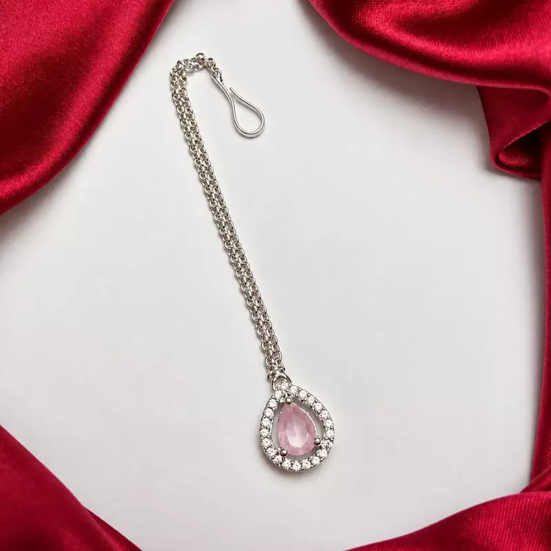 Pink Teardrop Maang Tikka, CZ Halo Bridal Forehead Jewelry