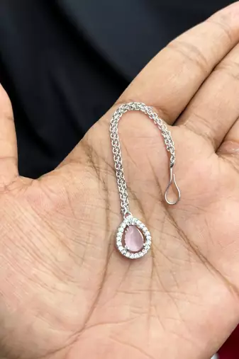 Pink Teardrop Maang Tikka, CZ Halo Bridal Forehead Jewelry