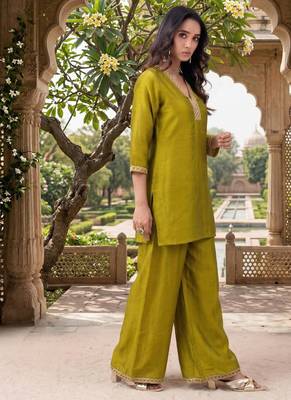 Green vichitra silk embroidered 2 piece co-ord sets for women 5